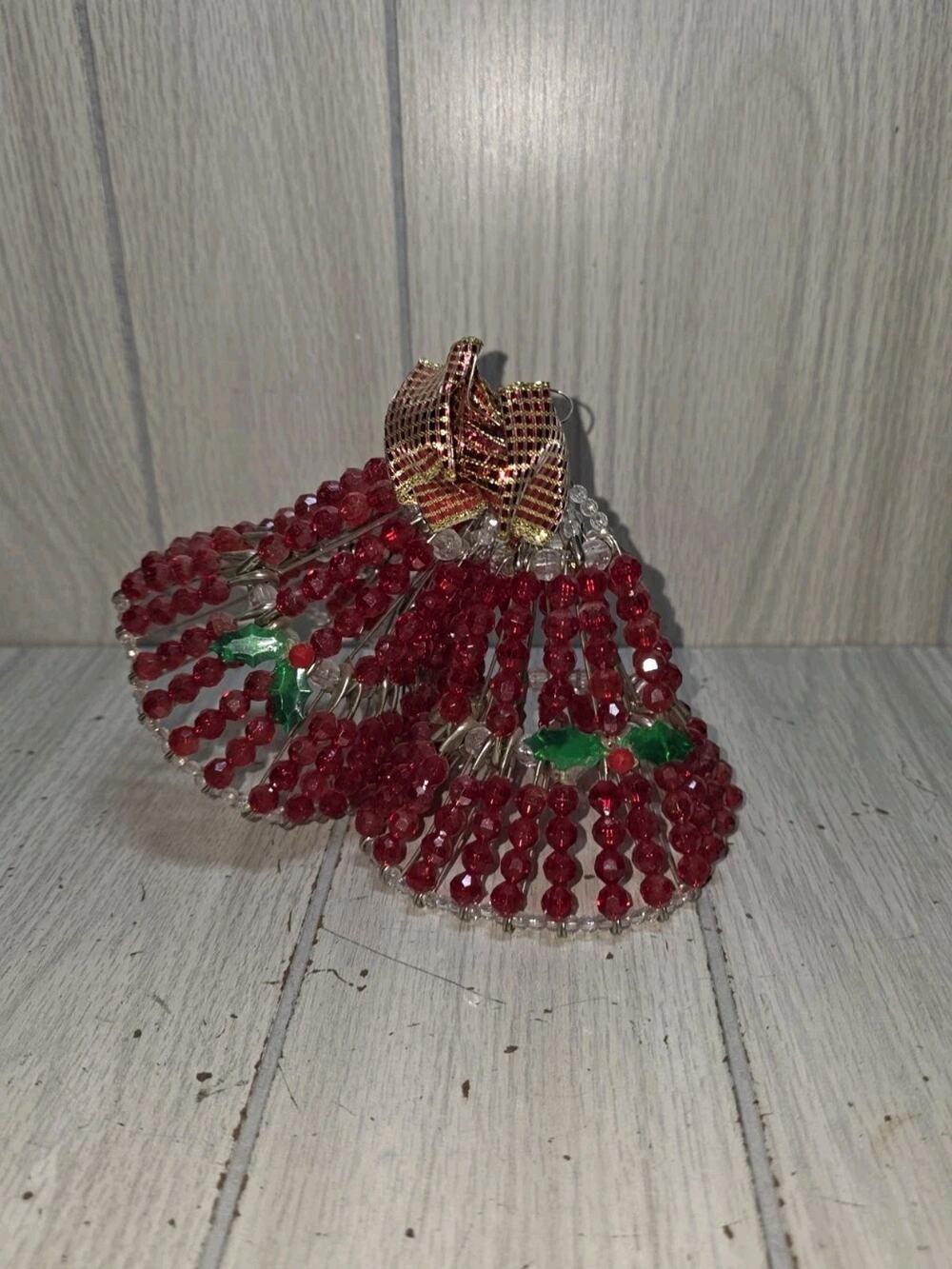 Vtg Safety Pin Beaded Bell Christmas Ornament Handmade Festive Decor Kitsch